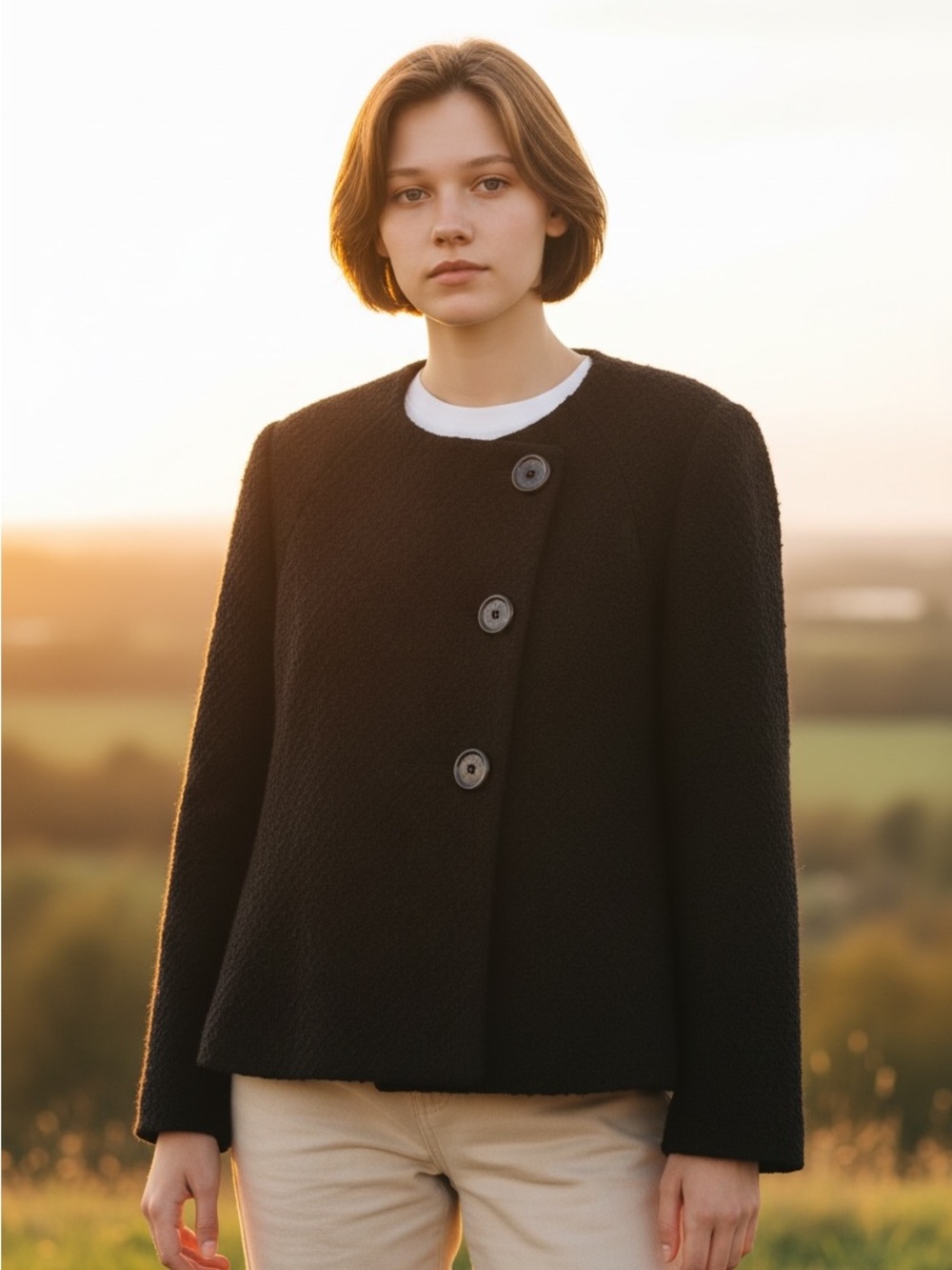 Anne Klein Black Textured Three-Button Pea Coat